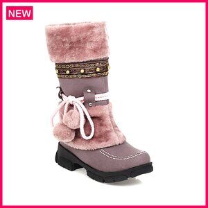 Women's Mid-Calf Snow Boots Suede Faux Fur Slip On Winter Booties